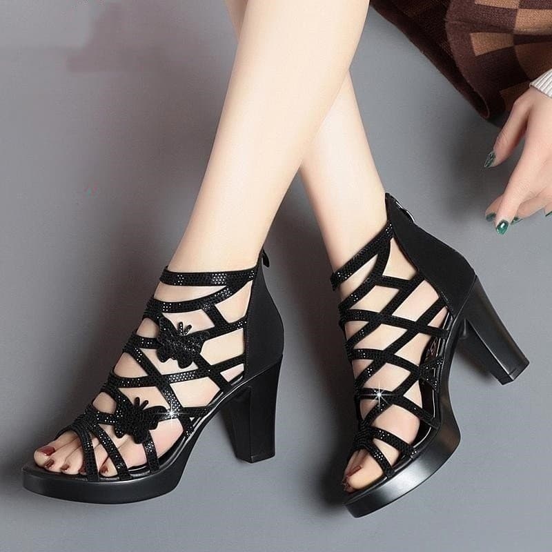 Elegante Borboleta Strass Bloco Salto Gladiador Sandálias De Alto Feminino Couro Genuíno Sapatos De Verão