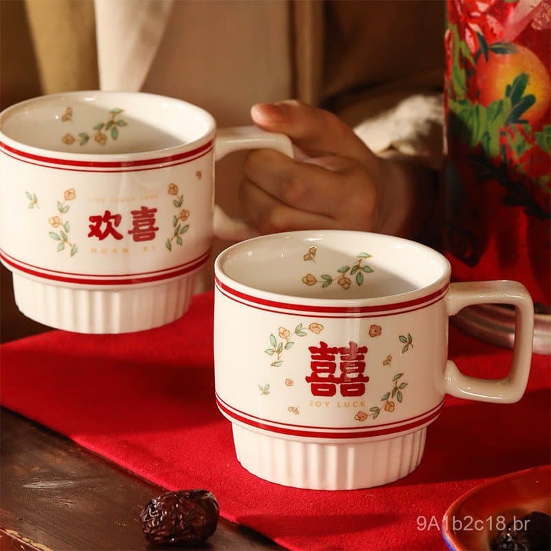 Caneca de casamento com estampa de estilo vintage, design de coração duplo, adequada para casais e amantes, com alça, ca