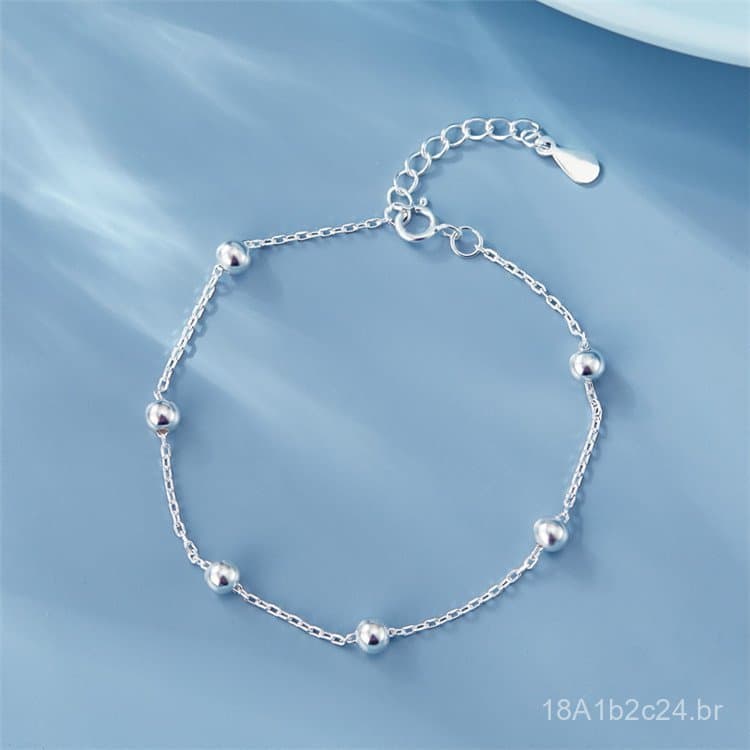 Pulseira de prata para mulheres, simples e moderna, com contas redondas lisas, joia de amizade, acessório de mão com des