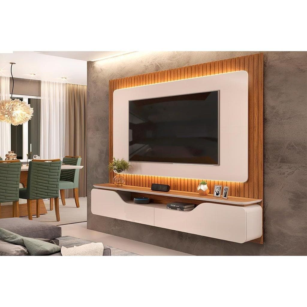 Rack Bancada c/ Painel p/ TV até 70 Polegadas Treviso Ripado 100% MDF Led 210x180cm Off White/Freijó - DJ Móveis