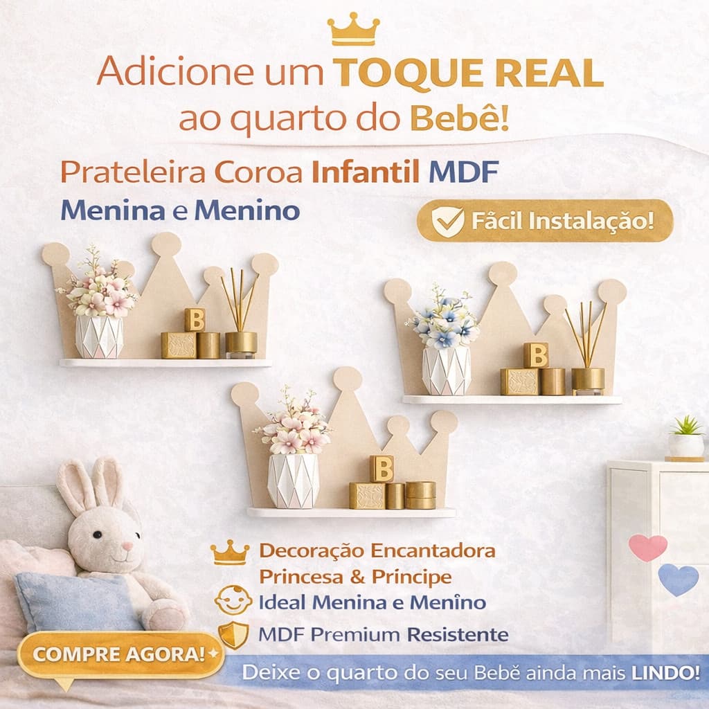 Trio Prateleira Coroa MDF | Trio Decoração Bebê Menina Menino | Decoração Quarto Princesa e Príncipe