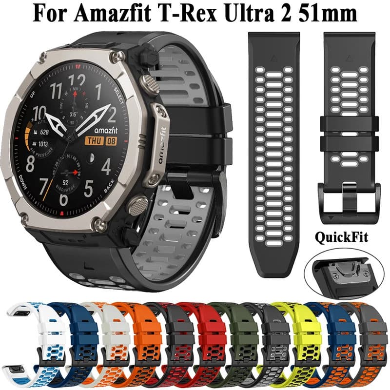 Pulseira de Silicone Respirável Bicolor QuickFit 26mm para Amazfit T-Rex Ultra 2 51mm, Bracelete de Relógio, Cinta de Pu