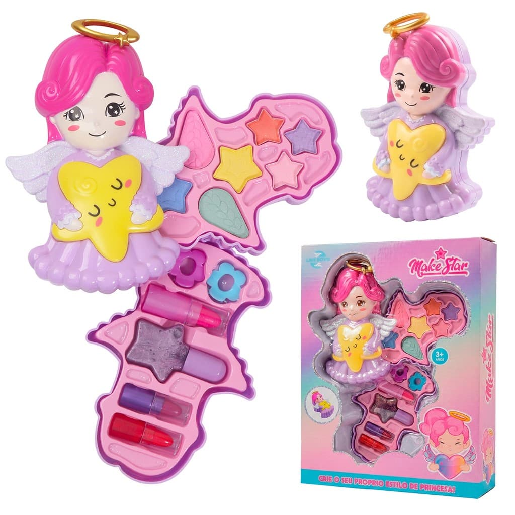 Kit De Maquiagem Anjo Infantil Para Crianças Estojo Make Star Com Gloss Sombra Batom