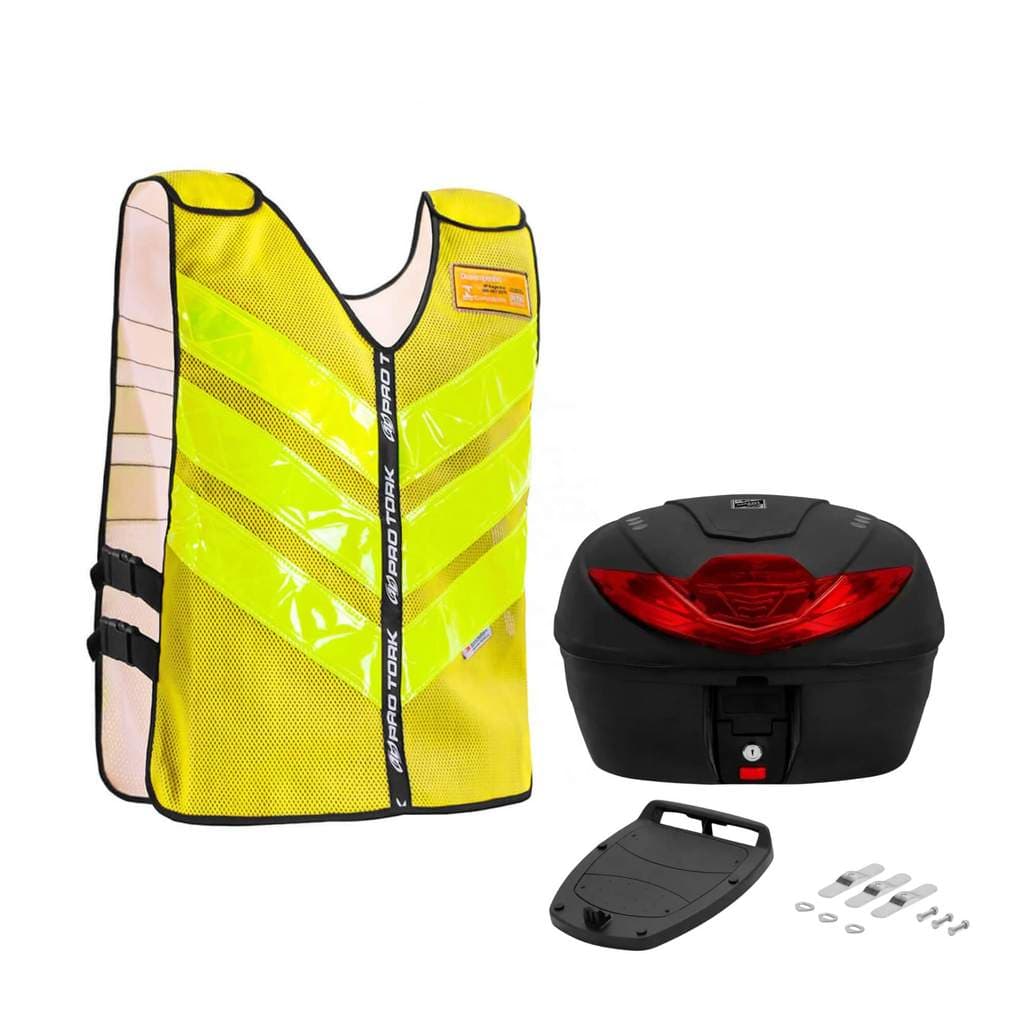 Baú Traseiro Smart Box 4 35 Litros + Kit Colete Refletivo Pro Tork Amarelo Tamanho G