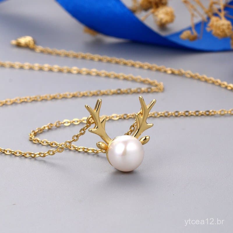 Em estoque: Colar com pingente de pérola de água doce e chifre "Always With You" para mulheres, corrente simples estilo