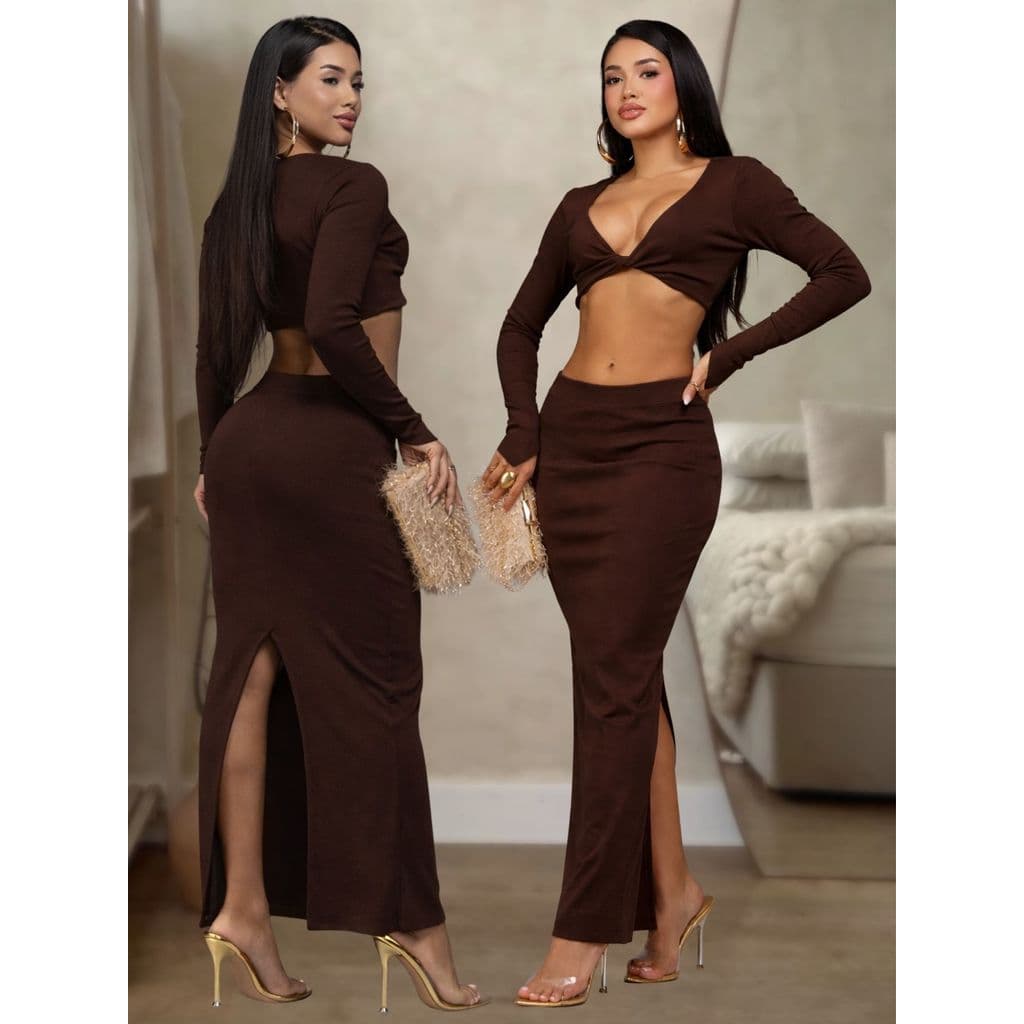 Conjunto Saia Longa Fenda + Cropped Torcido Manga Longa Ribana Canelado Moda Blogueira Elegante