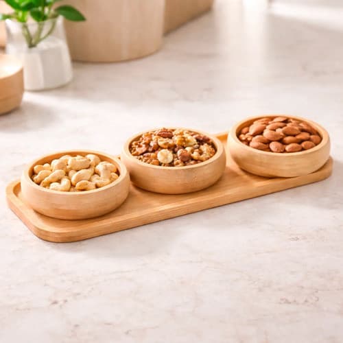 Petisqueira Bambu 3 Tigelas Tábua Frios Doces Nozes Aperitivos Queijos Mesa Posta