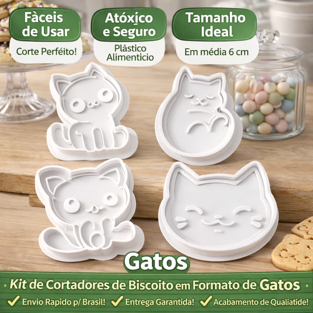 Kit Cortador de Biscoito Gato– Moldes para Cookies, Pasta Americana e Confeitaria
