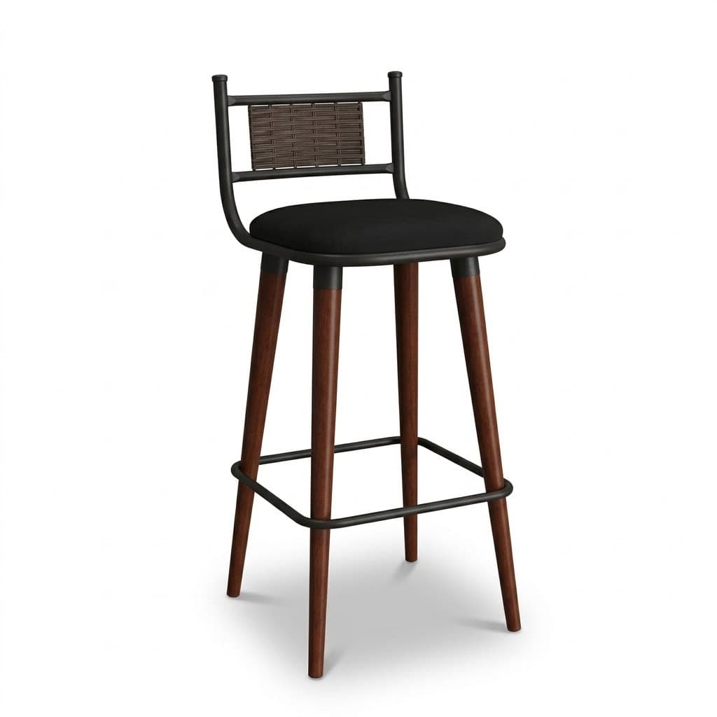 Banqueta Alta Bistro Retro Preto Caramelo Madeira Junco Sintetico Bancada