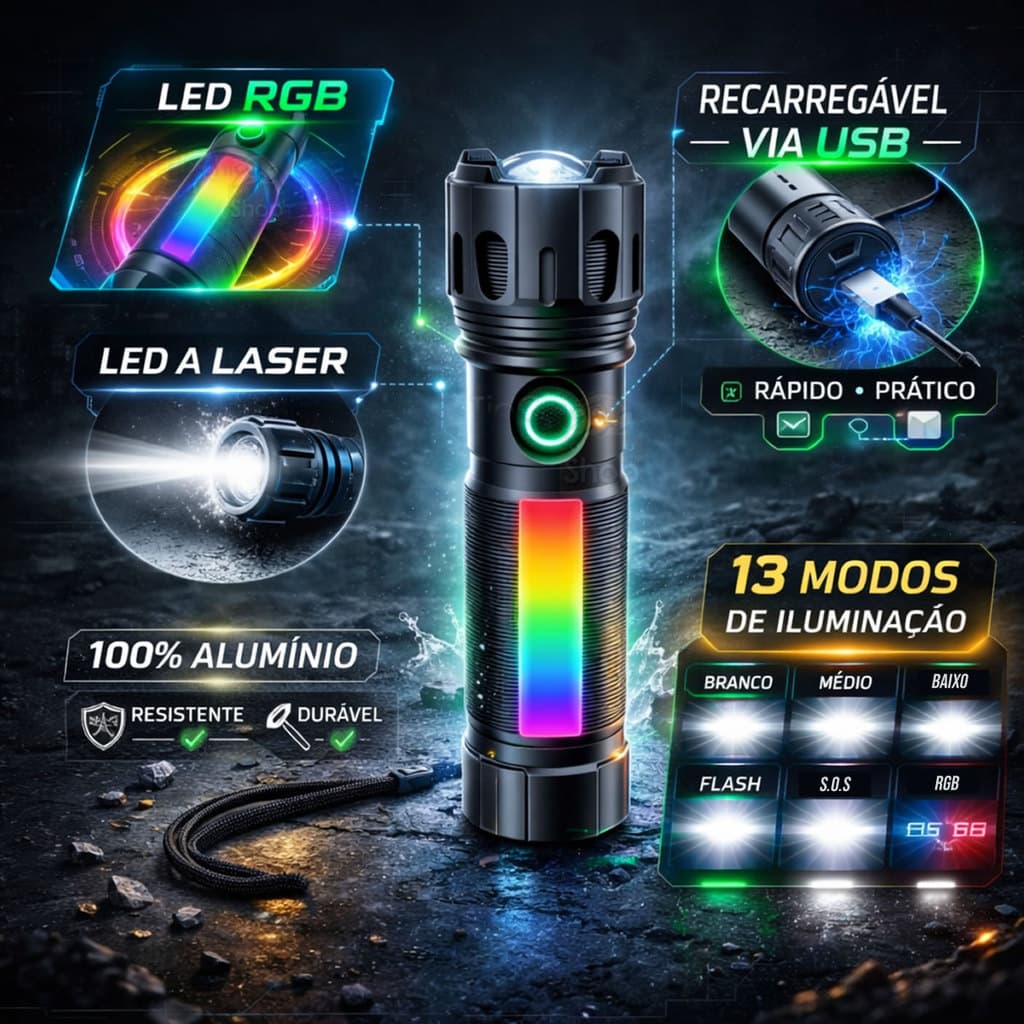 Lanterna Tática Led Laser Recarregável USB Luminária RGB Cor