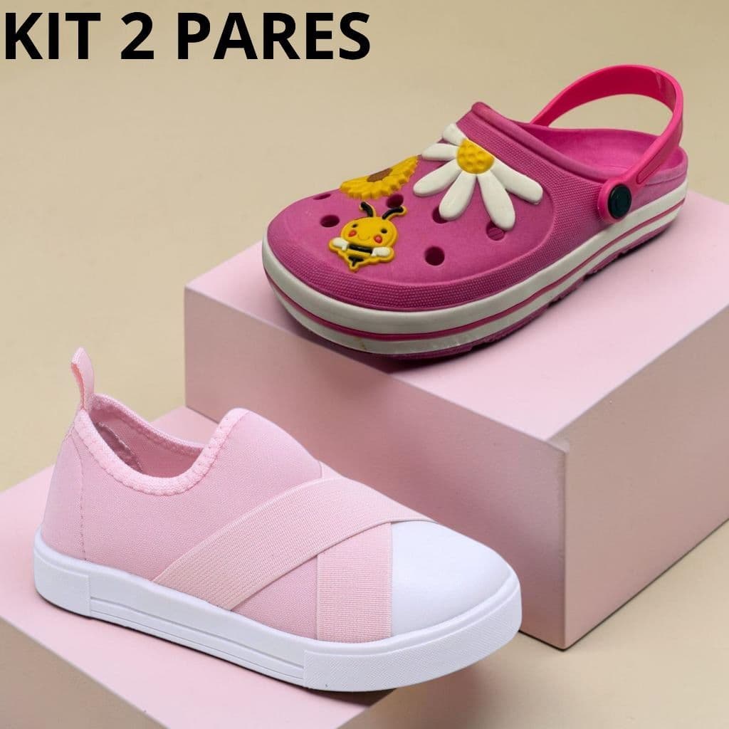 Kit 2 Pares Tênis + Babuche Meia Flor Menina Infantil Promoção Feminina Criança Original