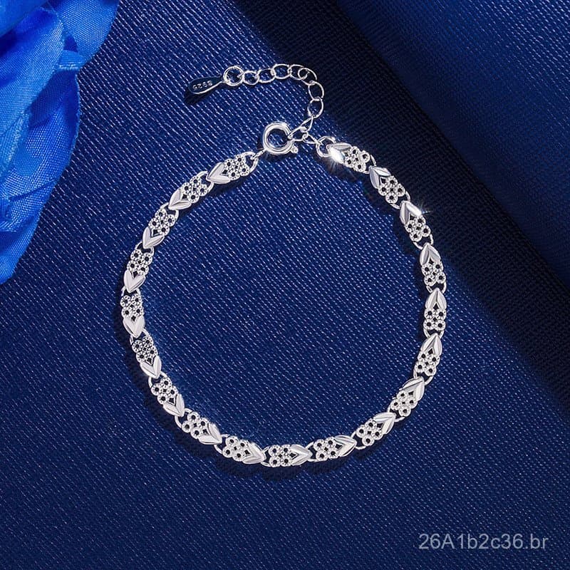 Pulseira feminina em prata folheada ao estilo coreano com trevo de quatro folhas, pulseira oca com trevo de quatro folha