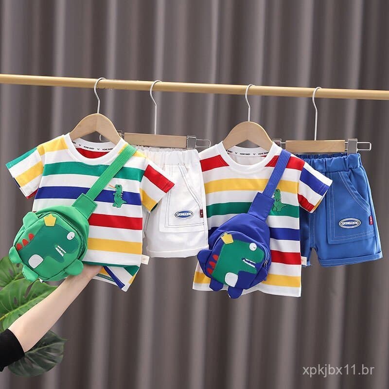Novos Conjuntos de Verão para Meninos Moda Infantil Bolsa de Dinossauro Listrada Camiseta Shorts 2Pçs/conjuntos Roupas C