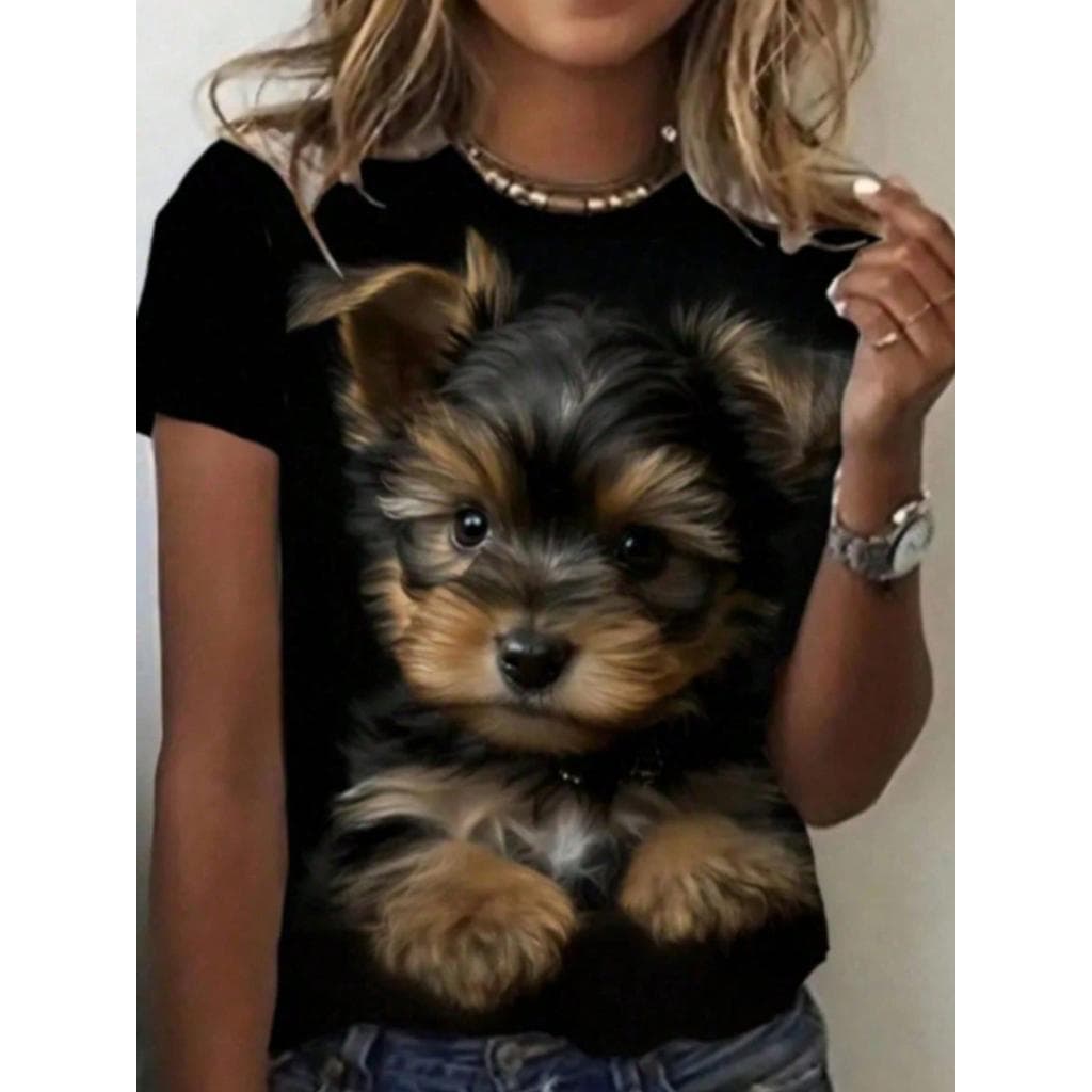 Camiseta Feminina De Gola Redonda Estampada De Cachorro, Moda T-shirt Feminina com Estampa de Cachorro Fofo, Camiseta C