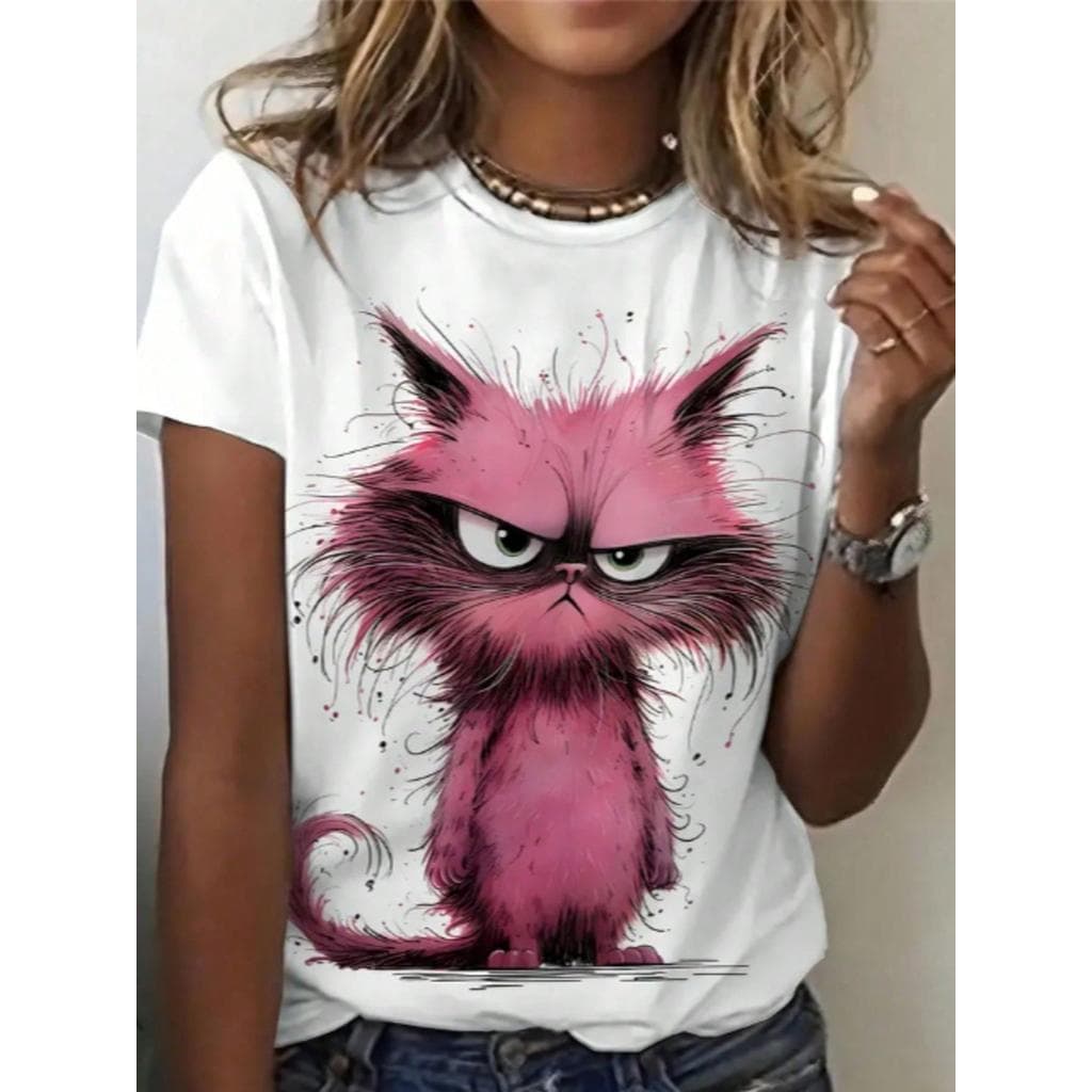 Camiseta Feminina de Gola Redonda Estampada com gato de desenho animado, Moda T-shirt Feminina com Estampa