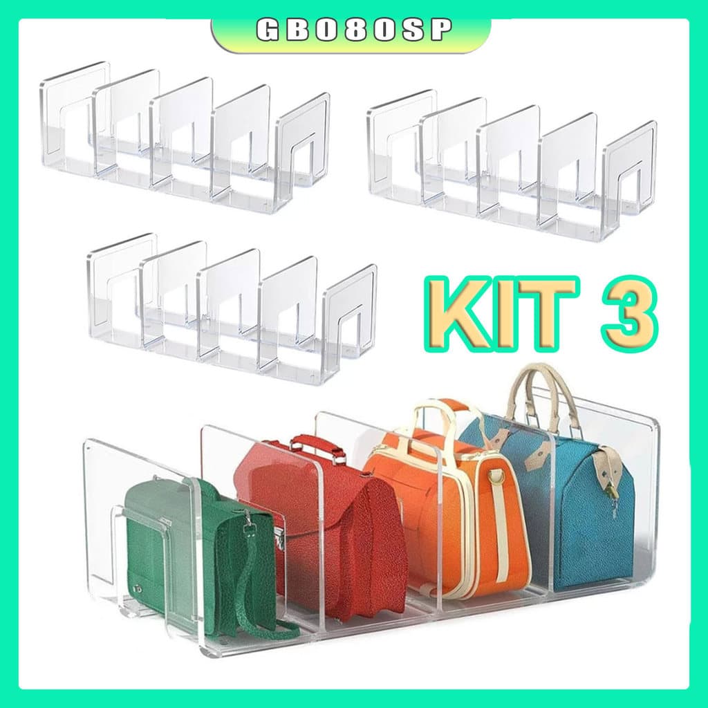 Kit 3 Pcs Organizador De Bolsas Em Acrílico C/ Divisor Pronta Entrega