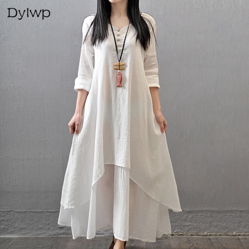 Vestido Maxi Feminino Longo De Linho De Algodão Fashion Solto De Manga Comprida