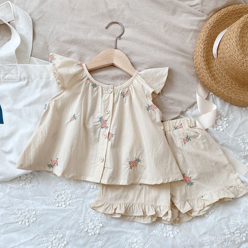 Conjuntos para Meninas de 1 a 5 Anos Bebê Menina Camisa de Manga Voadora com Flores Bordadas Bege + Shorts 2 Peças Moda