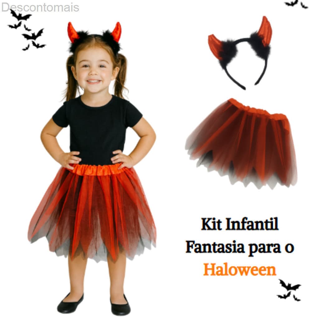 (V)Fantasia Infantil Halloween – Saia de Tule Vermelha & Preta + Tiara de ChifresQ61Y