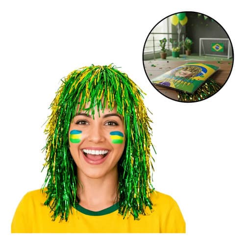 Peruca Metalizada Copa Brasil Verde Amarela Fantasia Verde E Amarelo