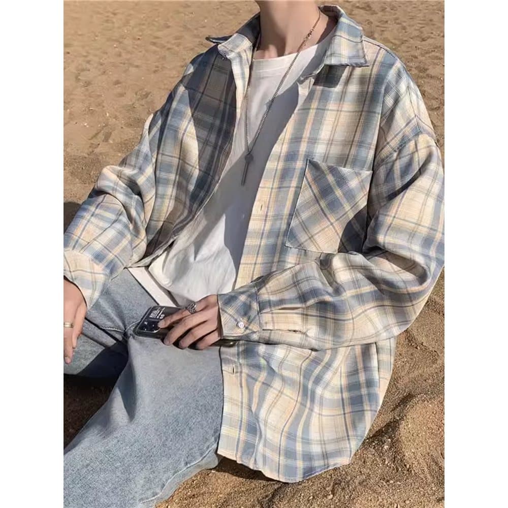 Camisa xadrez masculina de manga comprida All-Match casal topo primavera outono tendência solta estilo Hong Kong estilo