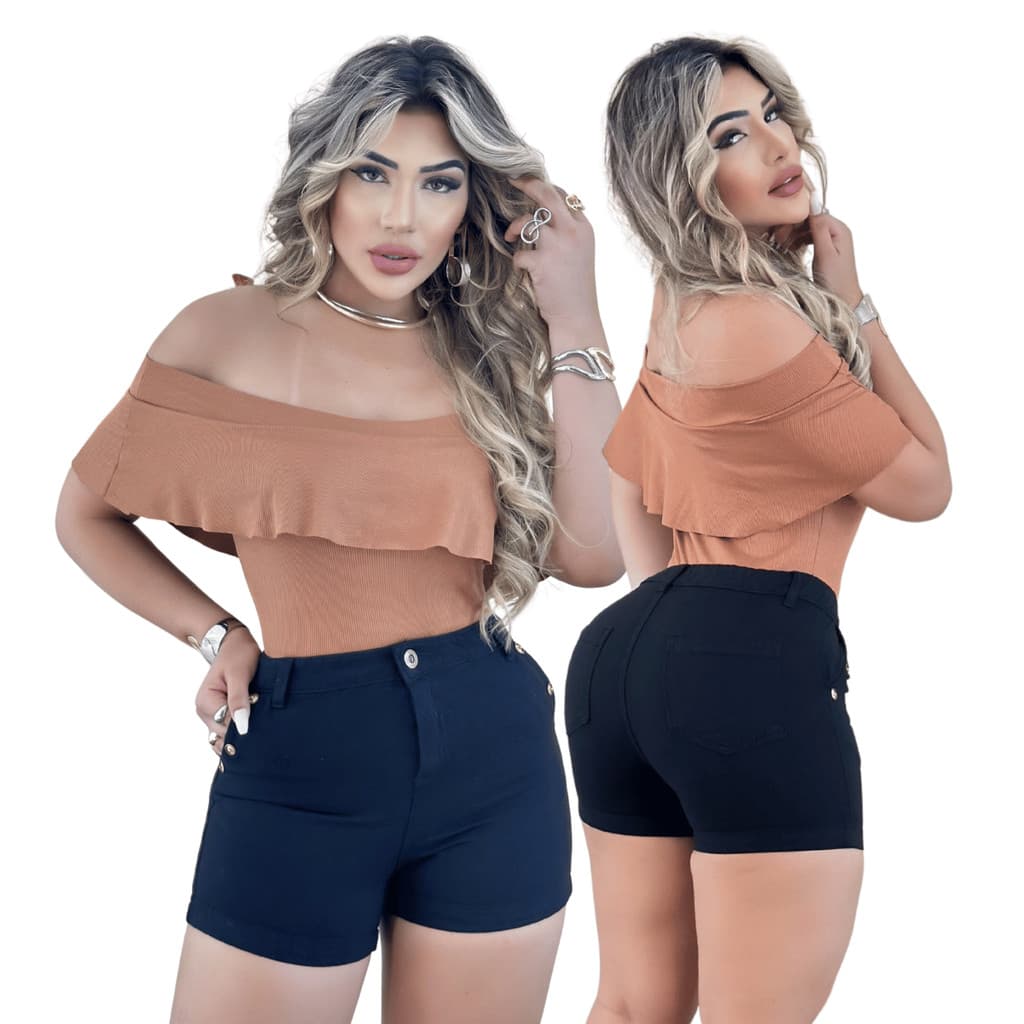 Conjunto Feminino Body Ciganinha e Short Cintura Alta LS MODAS (Moda Jeans)