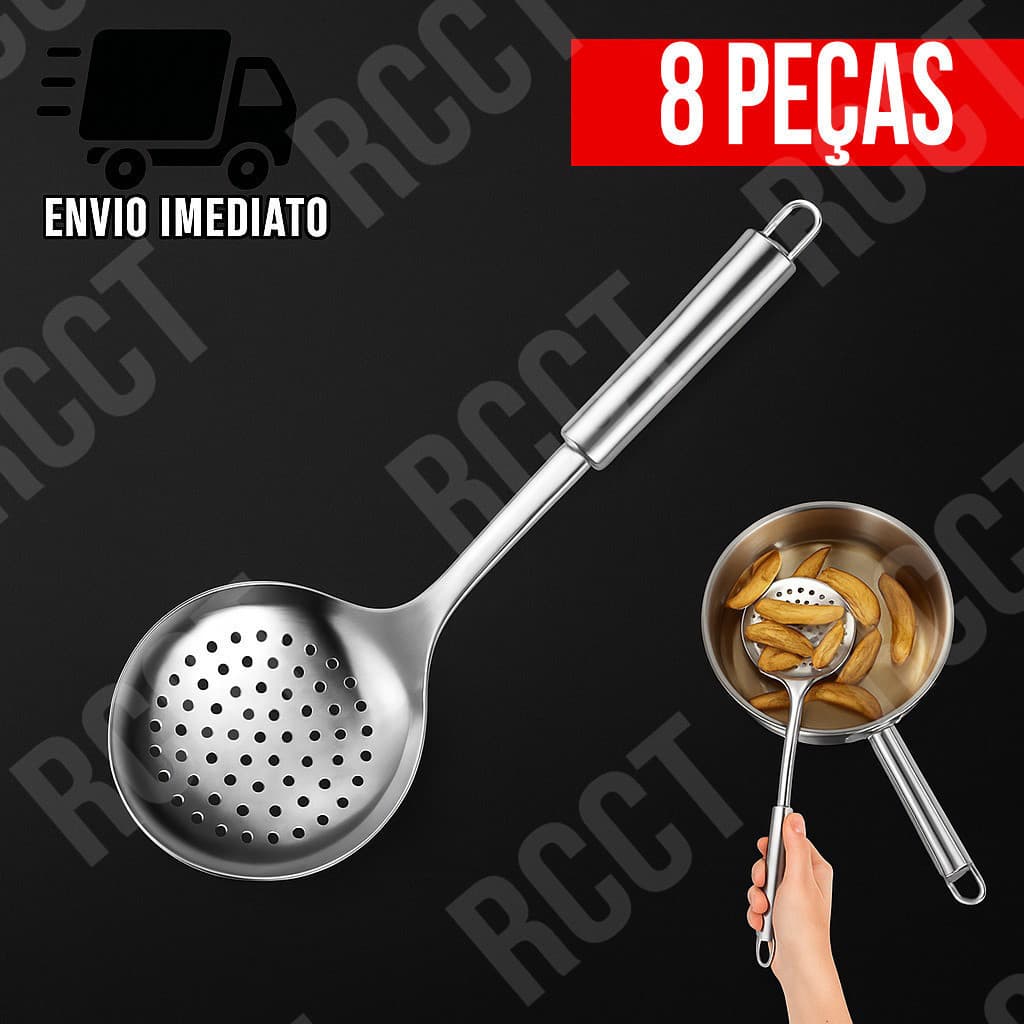 KIT 8 Escumadeira de Aço Inox Resistente Utensílio Doméstico e Profissional