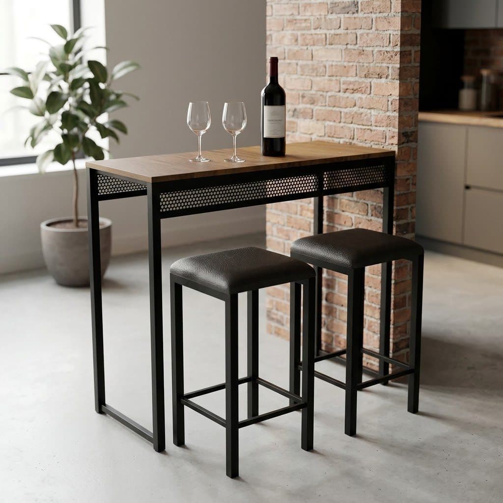 Conjunto Balcao Passa prato Industrial Mesa Alta Madeira Metal 2 Banquetas Assento Acolchoado