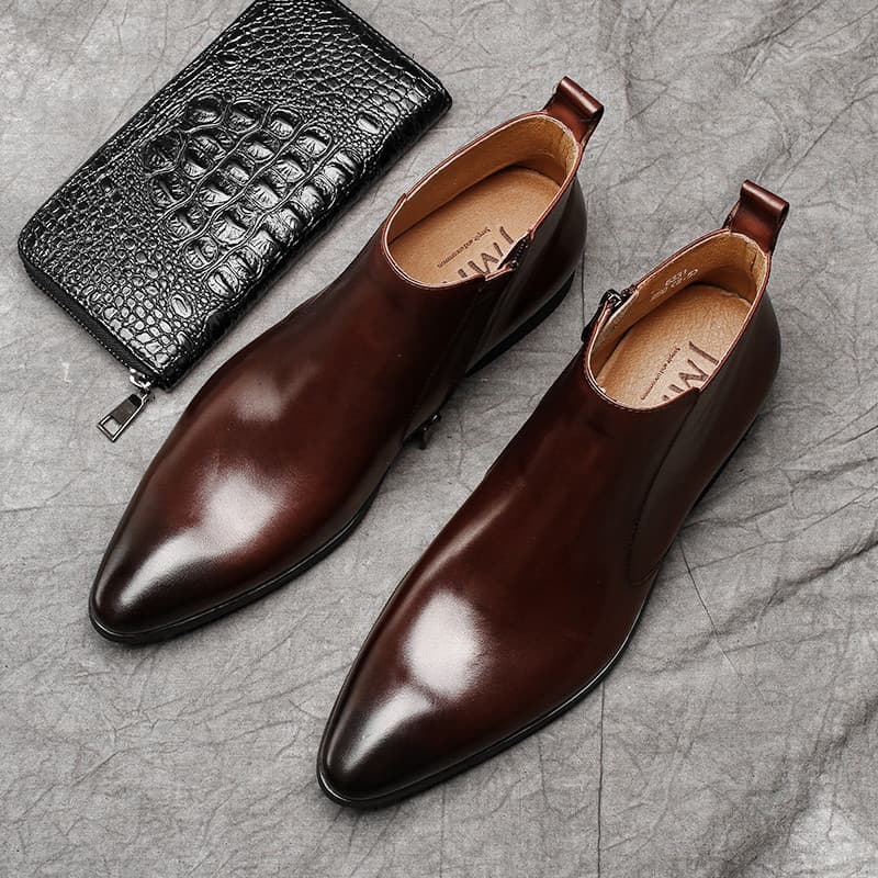 Velo-velo quente apontou Toe Chelsea botas masculinas britânico couro genuíno camada superior botas de couro botas curta