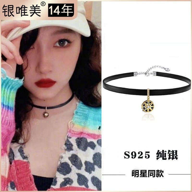 Bússola de obsidiana em prata 925, colar de clavícula no mesmo estilo de Guan Xiaotong, corrente curta para o pescoço, g