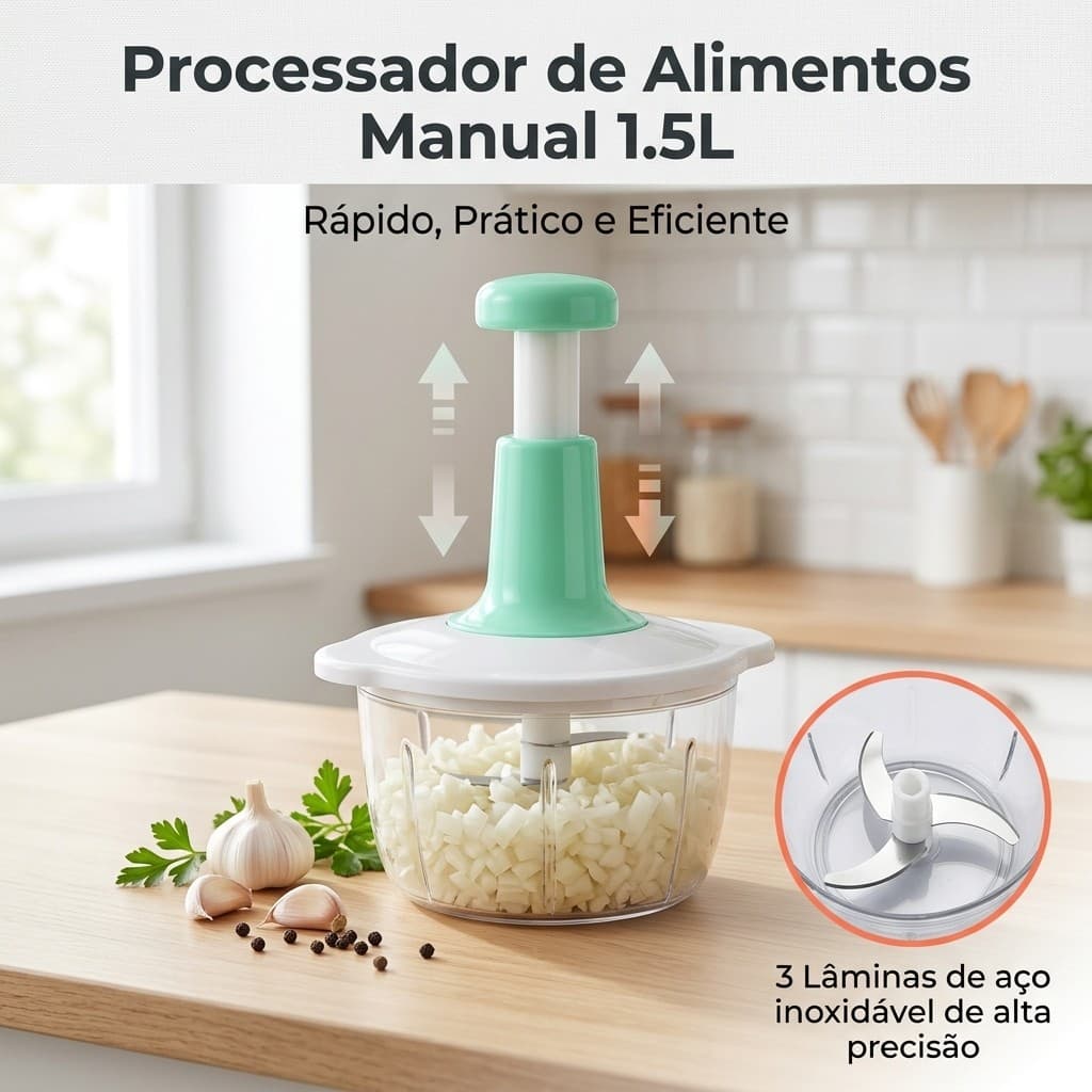 Processador Triturador De Alimentos Cozinha Manual 3 Lâminas Inox Afiadas 1,5 Litros Cortador