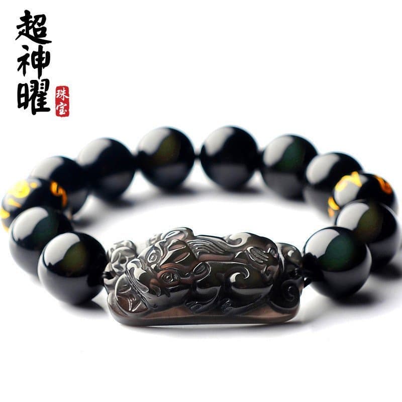 Pulseira de Obsidiana Olho de Arco-Íris Natural com Contas Pixiu de 13mm, Joias de Cristal para Homens e Mulheres, Ataca