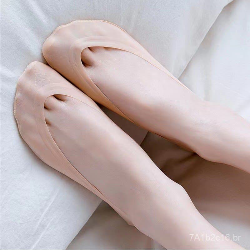 Meias sapatilha femininas de seda gelada sem costura, estilo fino de verão com sola de algodão, anel de silicone antider