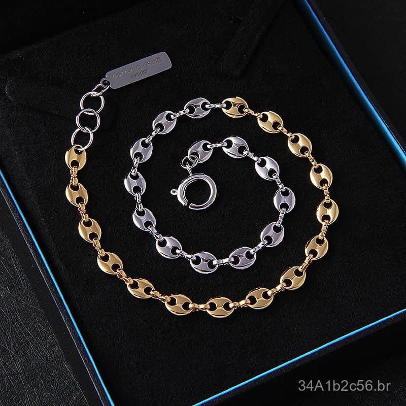 Colar curto estilo Justine, influenciadora de internet, com design francês e detalhes em ouro e prata, com corrente em f