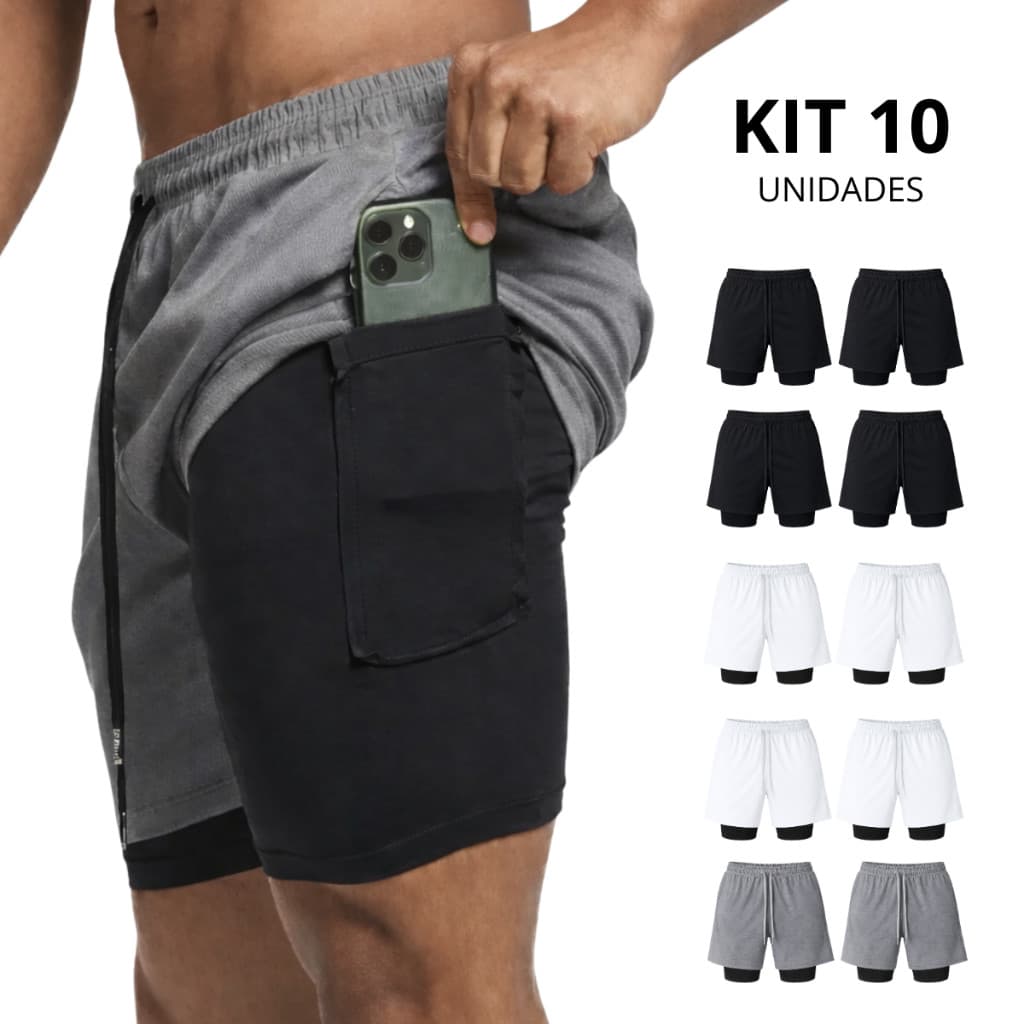Kit 10 Bermudas Masculinas 2 em 1 Academia com Bolso Interno – Shorts Forrados interno Compressão