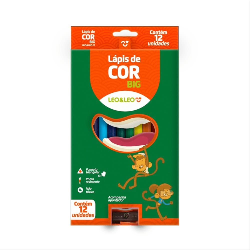 Lápis Super Jumbo Big 12 Cores Grosso + Apontador Leo E Leo