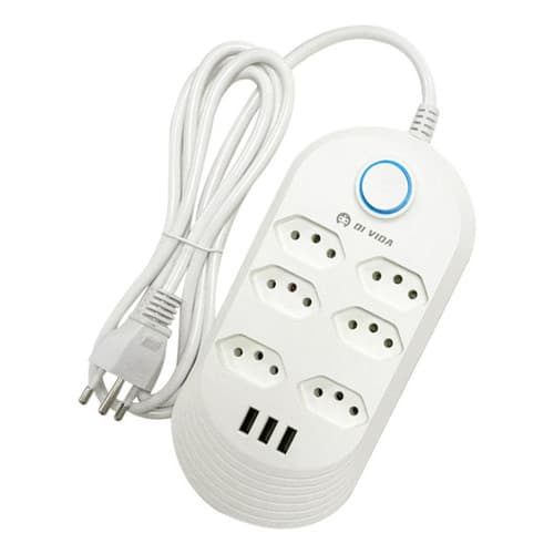 Extensão Elétrica Régua 6 Tomadas Bivolt + 3 Portas USB Cabo 2 Metros Filtro Linha Multiuso Proteção Sobrecarga Bivolt