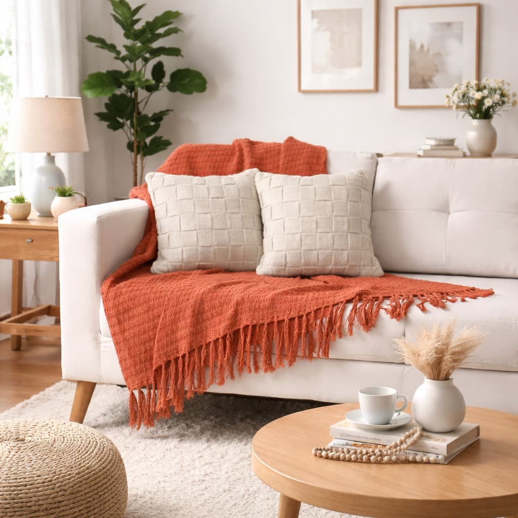 Kit Manta Favo De Mel Para Sofa +2 Almofadas Boho Artesanal