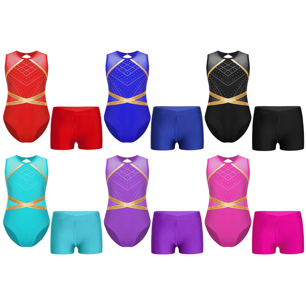 Crianças Meninas Strass Brilhantes Ginástica Collant Buraco De Fechadura Volta Retalhos Sem Mangas Bodysuit Com Cintura