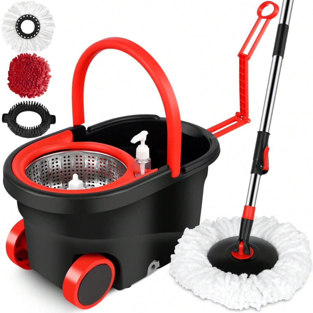 Mop Giratório Esfregão Cabo Grande 160cm Balde 16 Litros Inox 3 Refis e Dispenser Rodinhas e Alça Retrátil