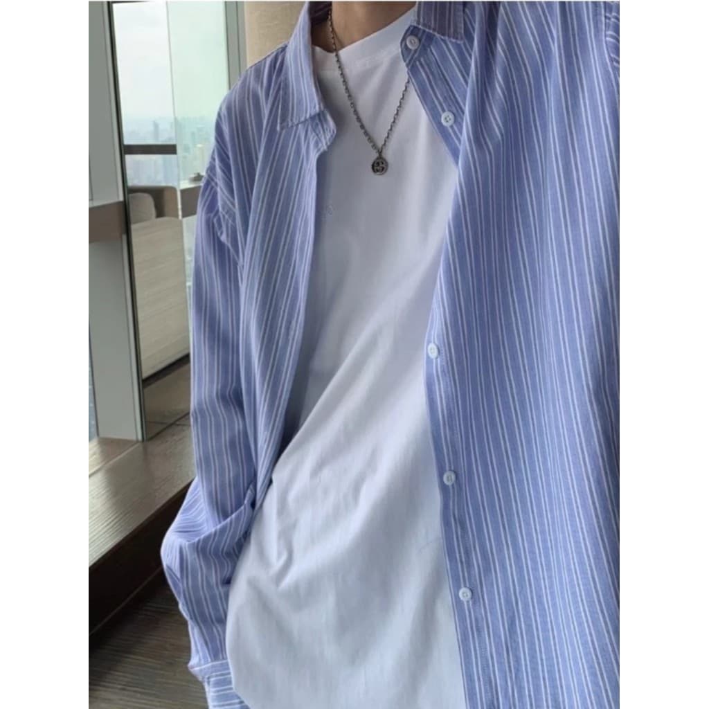 Camisa Vintage masculina verão Street Wear na moda camisa de manga comprida listrada jaqueta Casual de alta qualidade