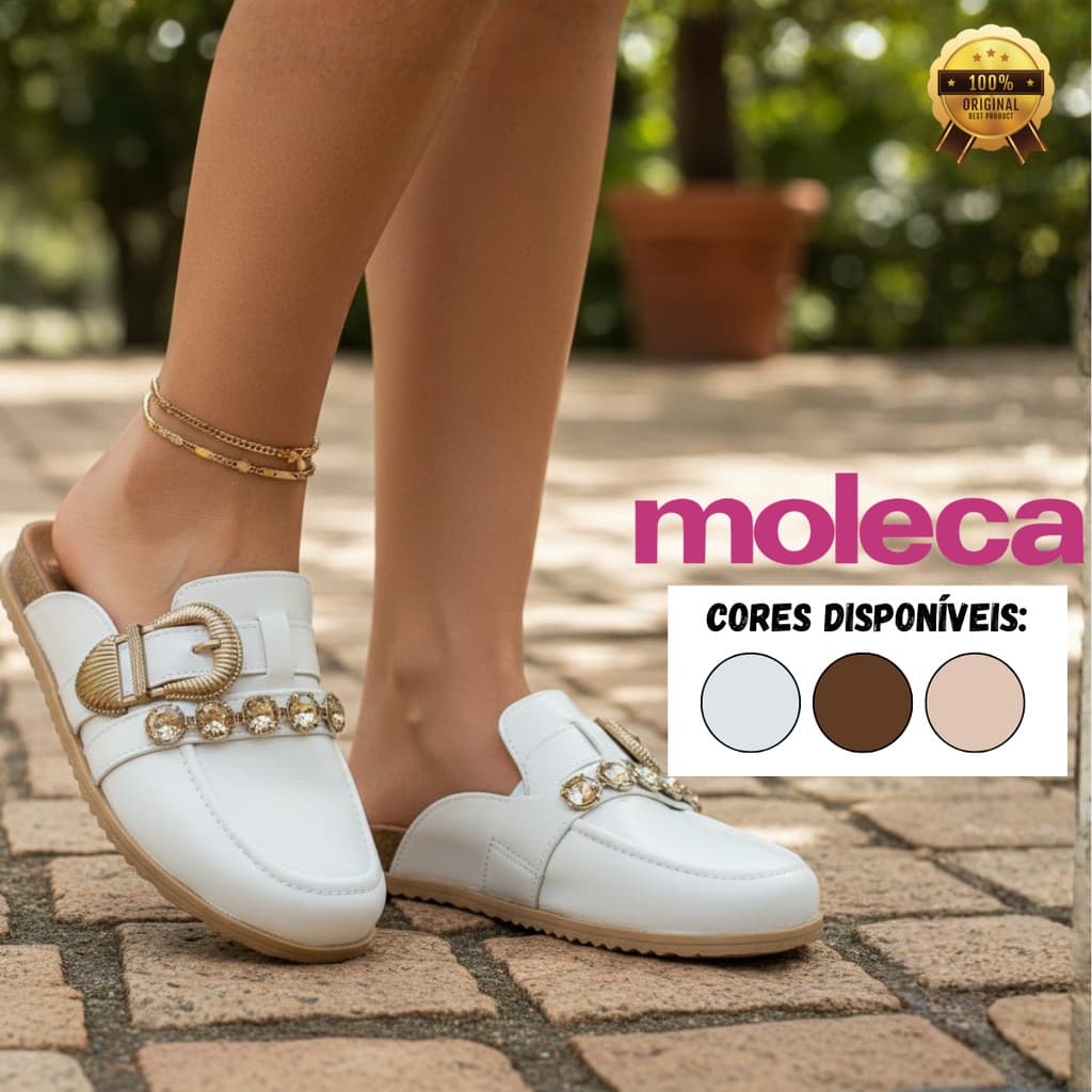 Mule Moleca Feminino Fivela Detalhes Metalizados Calce Fácil Rústico Slip On Confortável Original