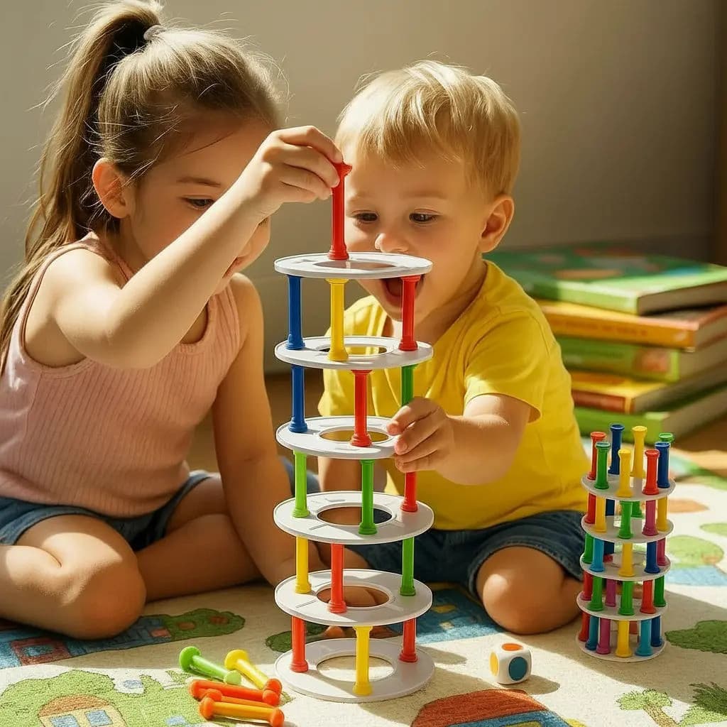 Jogo Derruba Torre Maluca Infantil Educativo C/ Dado E Peças