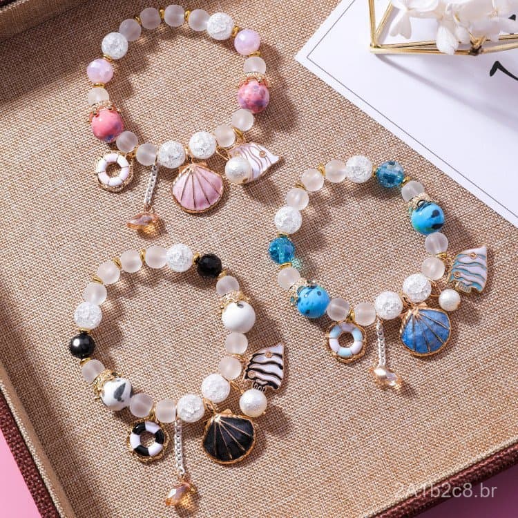 Pulseira de cerâmica estilo coreano com tema oceânico e conchas doces, com cristais frescos e contas coloridas, joia fem