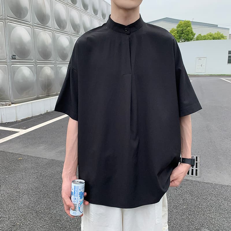 Verão gelo seda camisa de manga curta masculina solta estilo Hong Kong estilo japonês pequena gola alta camisa ins na mo