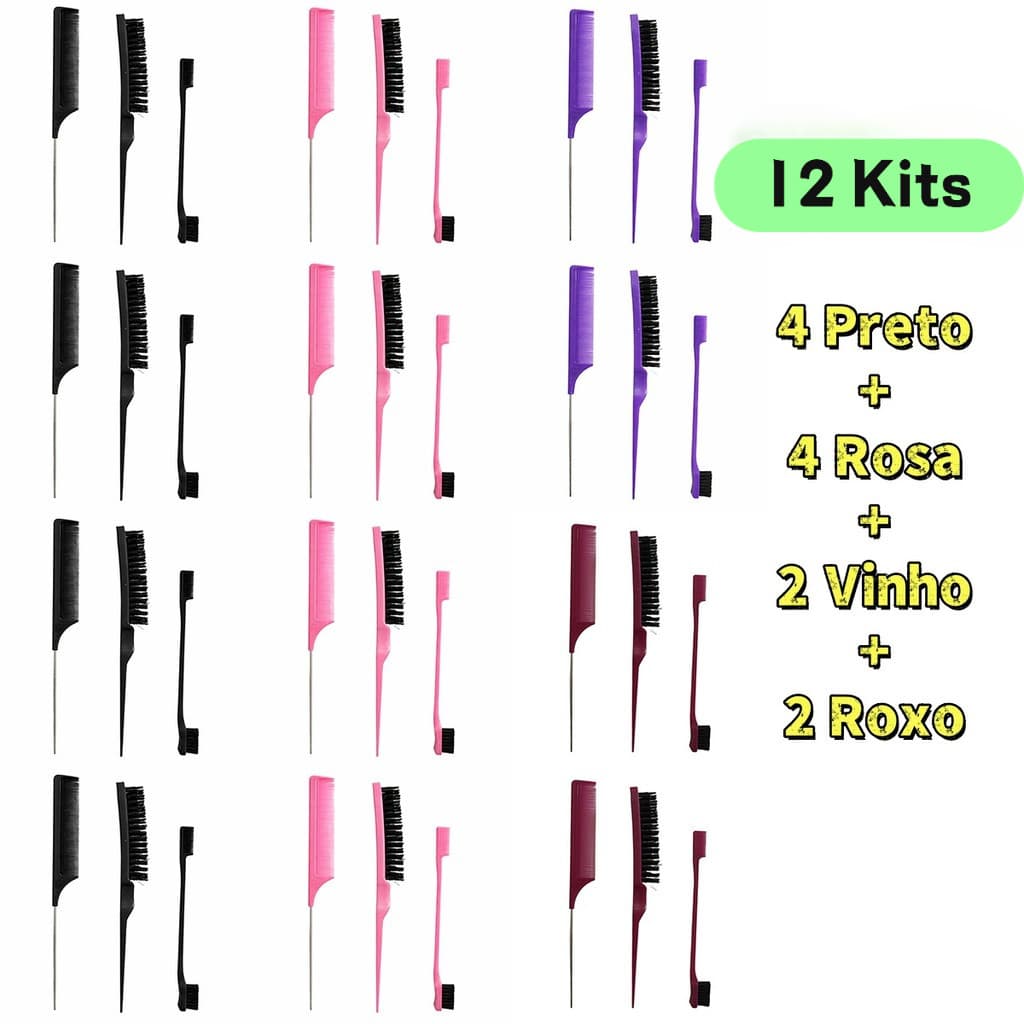 12 Kits Escovas Modeladoras 3 em 1 Baby Hair e Sobrancelhas | 36 Peças | Cores Sortidas