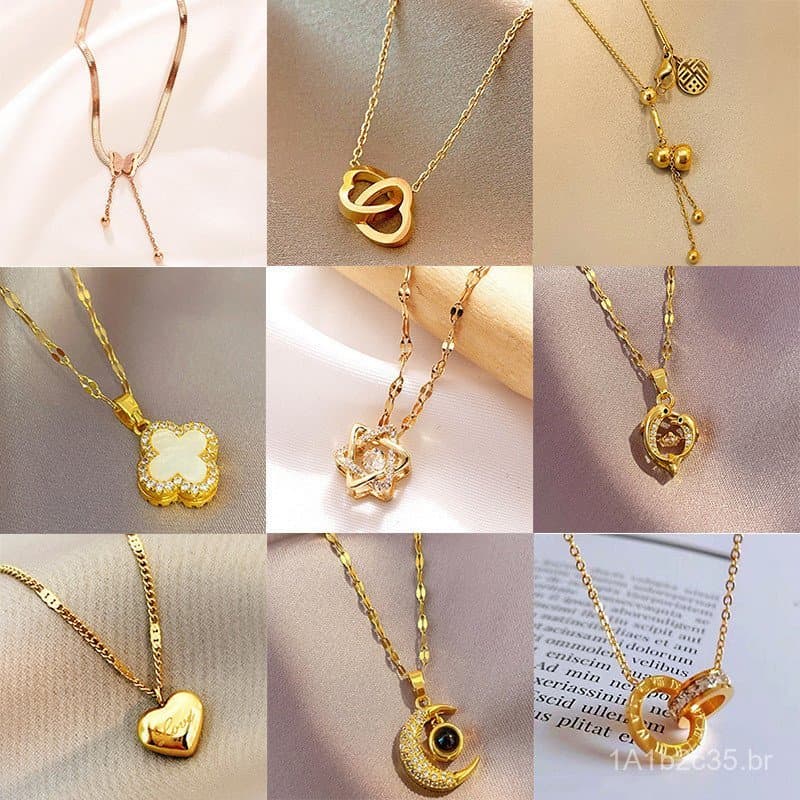 Colar Feminino de Aço Titânio com Microincrustações de Diamantes, Luxo Leve e Elegante, Banhado a Ouro Real, Requintado,