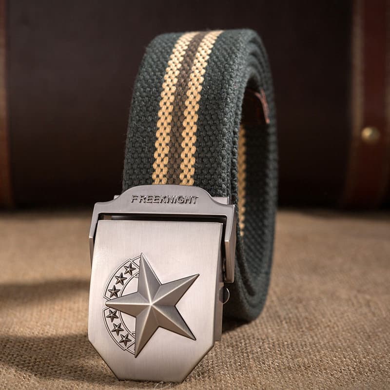 Sete estrelas de cinco pontas masculino engrossado cinto de lona ao ar livre versão coreana Casual ferramentas fivela ci