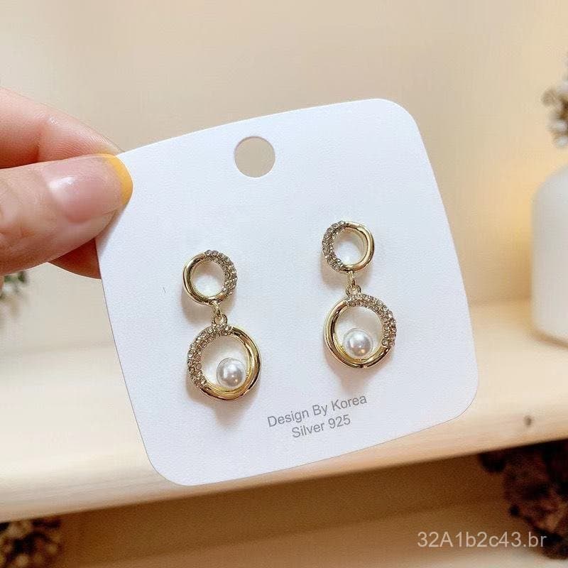 Brincos de prata 925 estilo coreano com diamantes, brincos de pérola de duplo círculo estilo francês, brincos vintage es