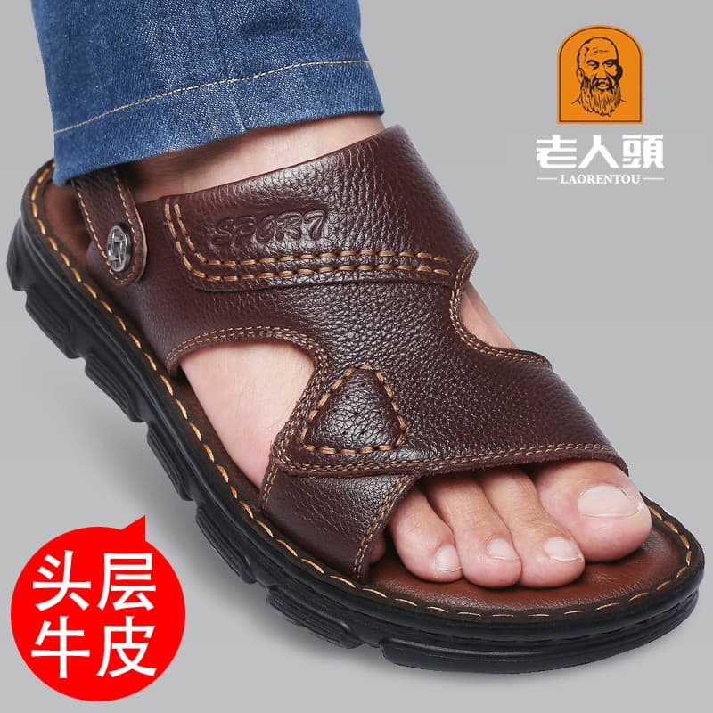 Sandálias masculinas de couro genuíno para idosos 2026 novo estilo verão respirável sapatos masculinos casuais antiderra